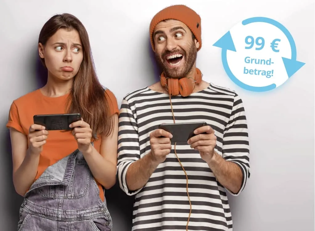 Eine glückliche und eine traurige Person mit Handy in der Hand