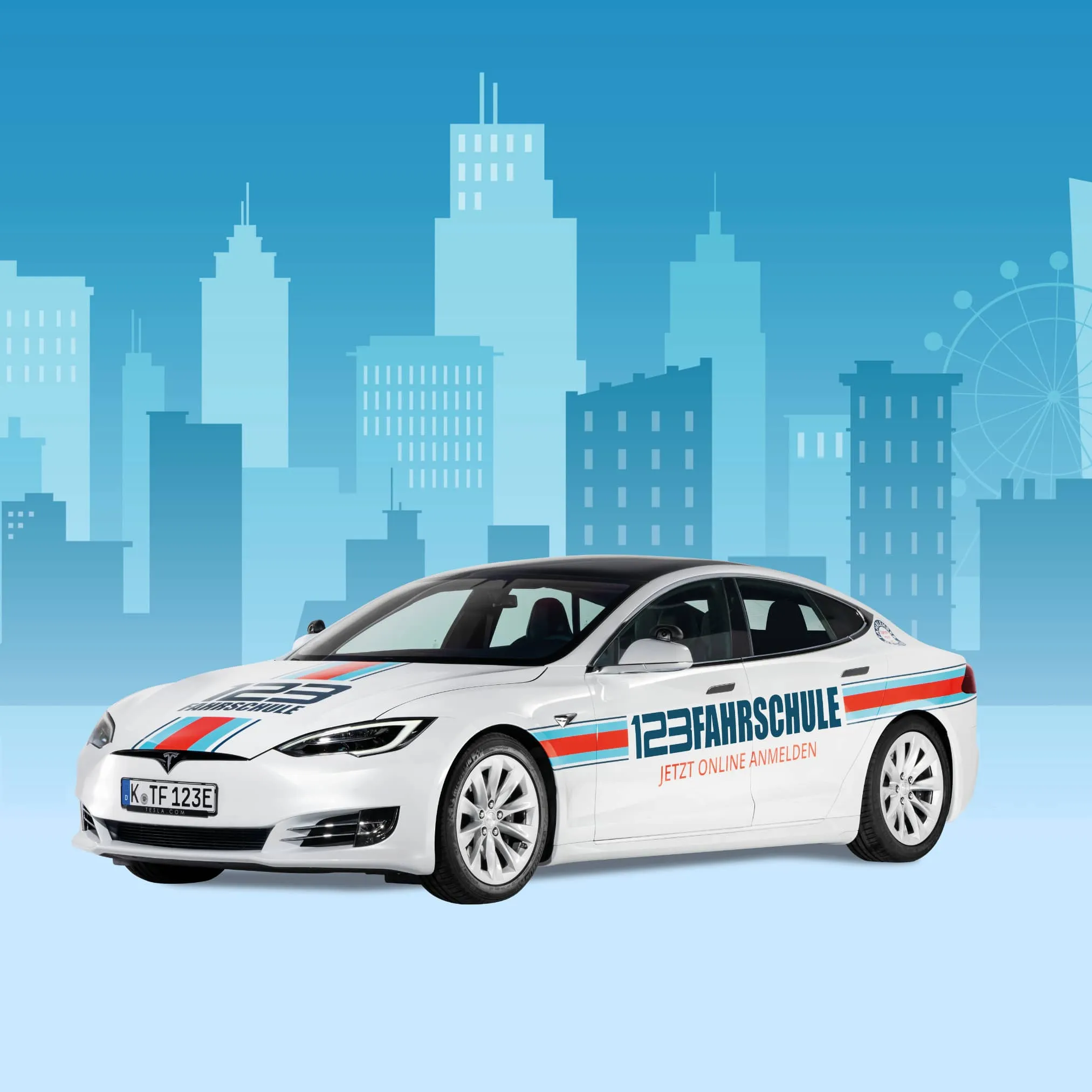 123Fahrschul Tesla vor blauer Stadtgrafik