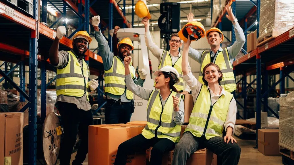 Eine Gruppe Arbeiter sitzen in einem Industriegebäude, freuen sich und halten die Hände in die Luft