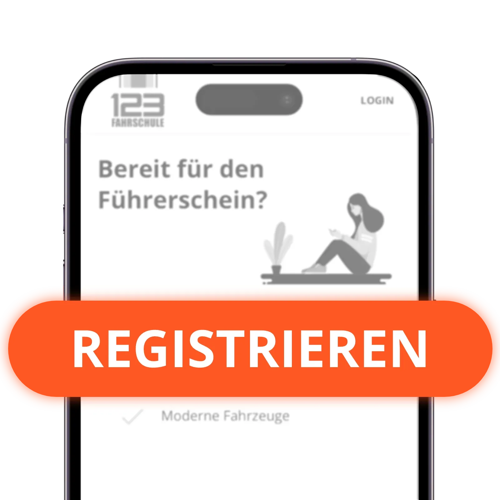 Handydisplay mit Login Seite der 123fahrschule, im Vordergrund ist ein Button mit "REGISTRIEREN" abgebildet