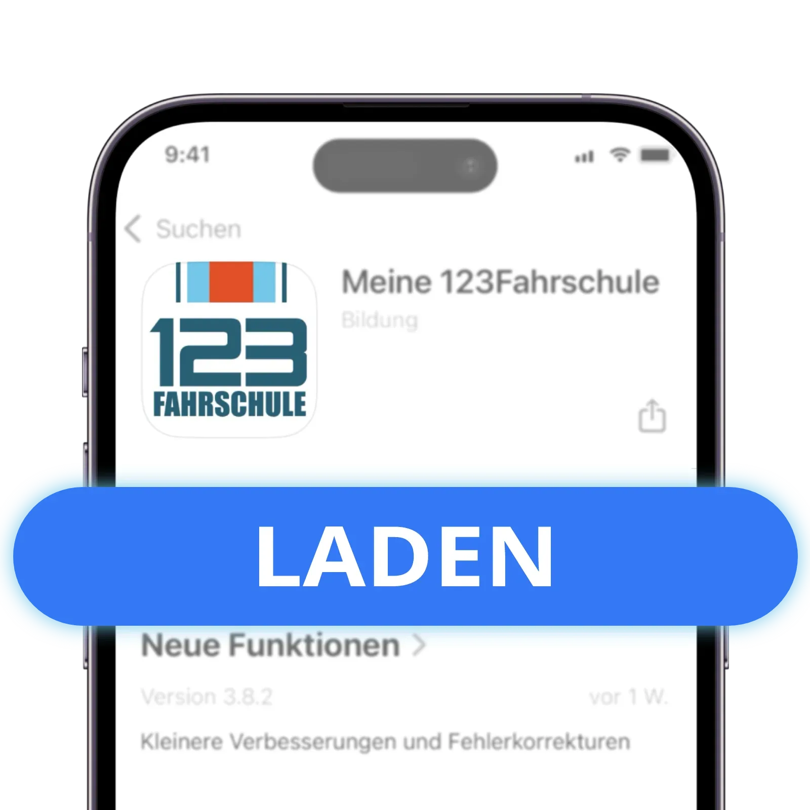 Handydisplay mit Apple Store, zeigt wie die 123fahrschule App und fordert zum herunterladen auf
