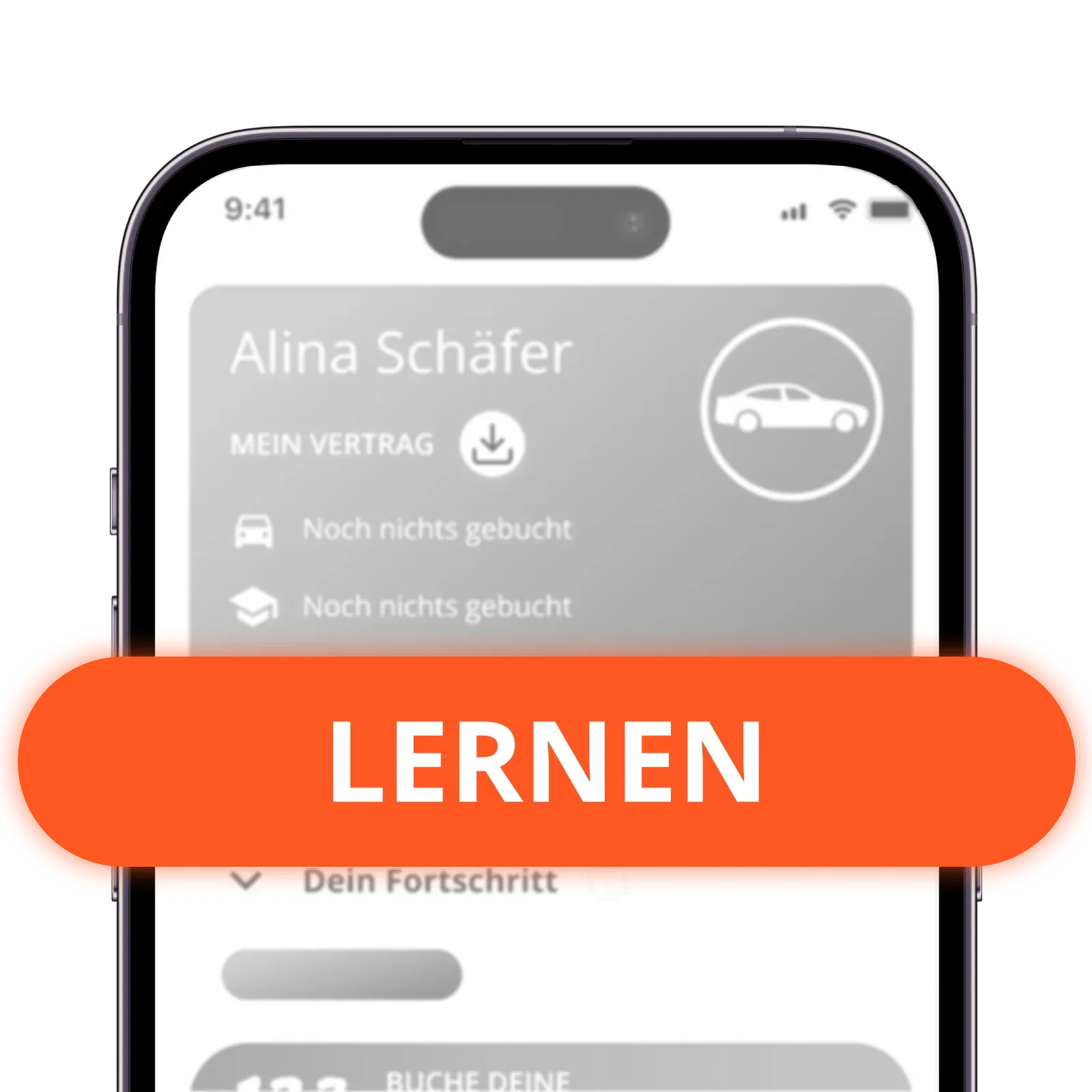 Handydisplay mit Homescreen der 123fahrschule-App, im Vordergrund ist ein Button mit "LERNEN" abgebildet