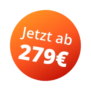 Störer in orange mit verlauf. Drauf steht "Jetzt ab 279€".